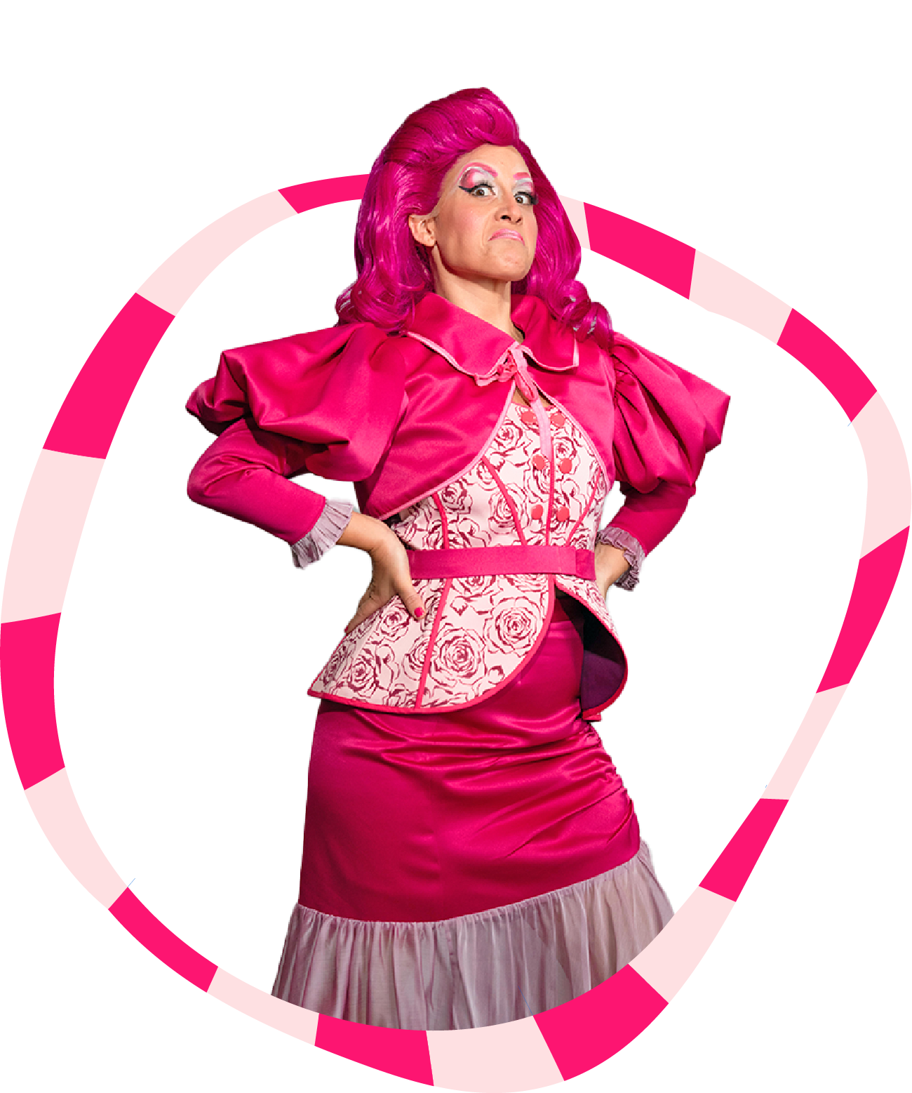 Bruja vestida de rosa, poco discreta, con una pose que define muy bien su actitud autoritaria.